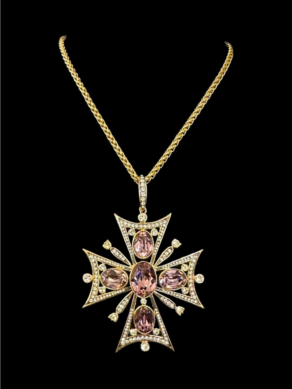 Gold-Tone Pink Crystal Maltese Cross Pendant Necklace